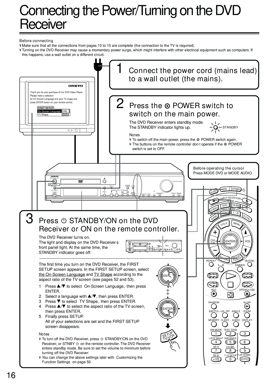 Onkyo DR-S2.0 instruction manual Connecting the Power/Turning on the DVD Receiver, DVD Receiver enters standby mode 