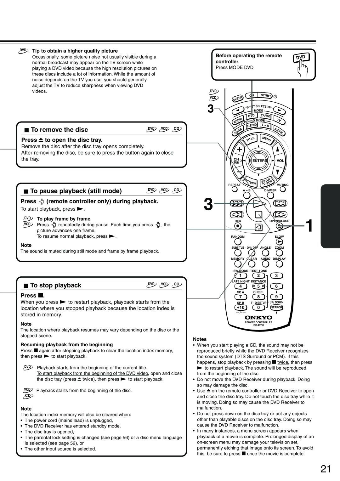 Onkyo DR-S2.0 instruction manual To remove the disc, To pause playback still mode, To stop playback 