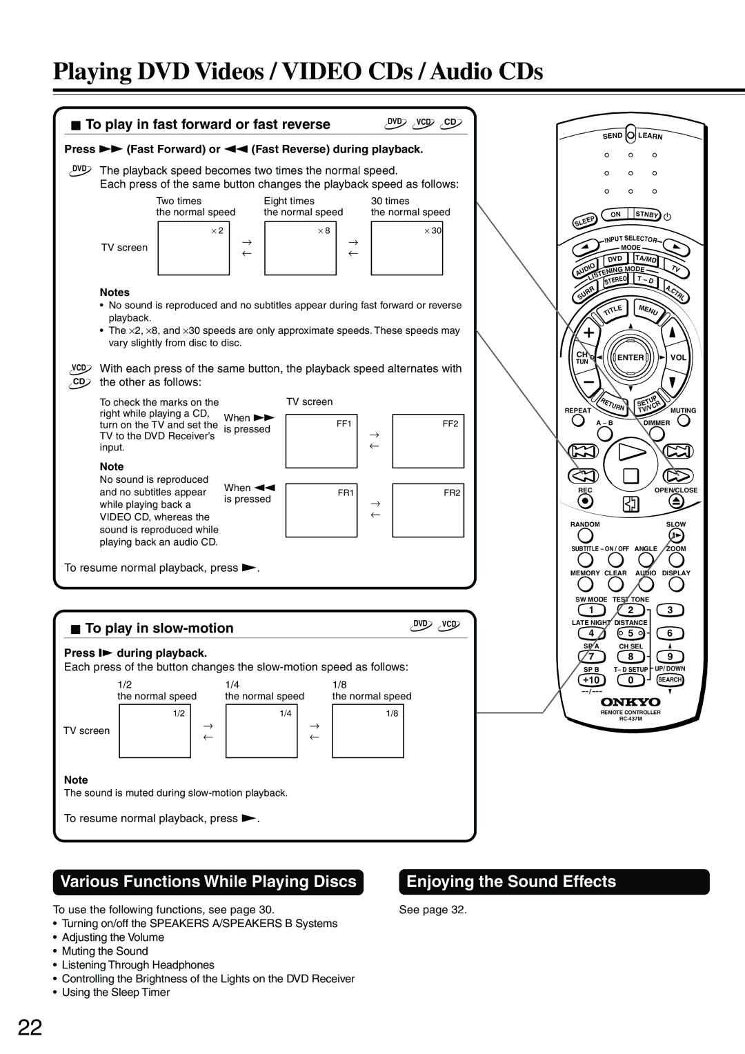 Onkyo DR-S2.0 Playing DVD Videos / Video CDs / Audio CDs, To play in fast forward or fast reverse, To play in slow-motion 