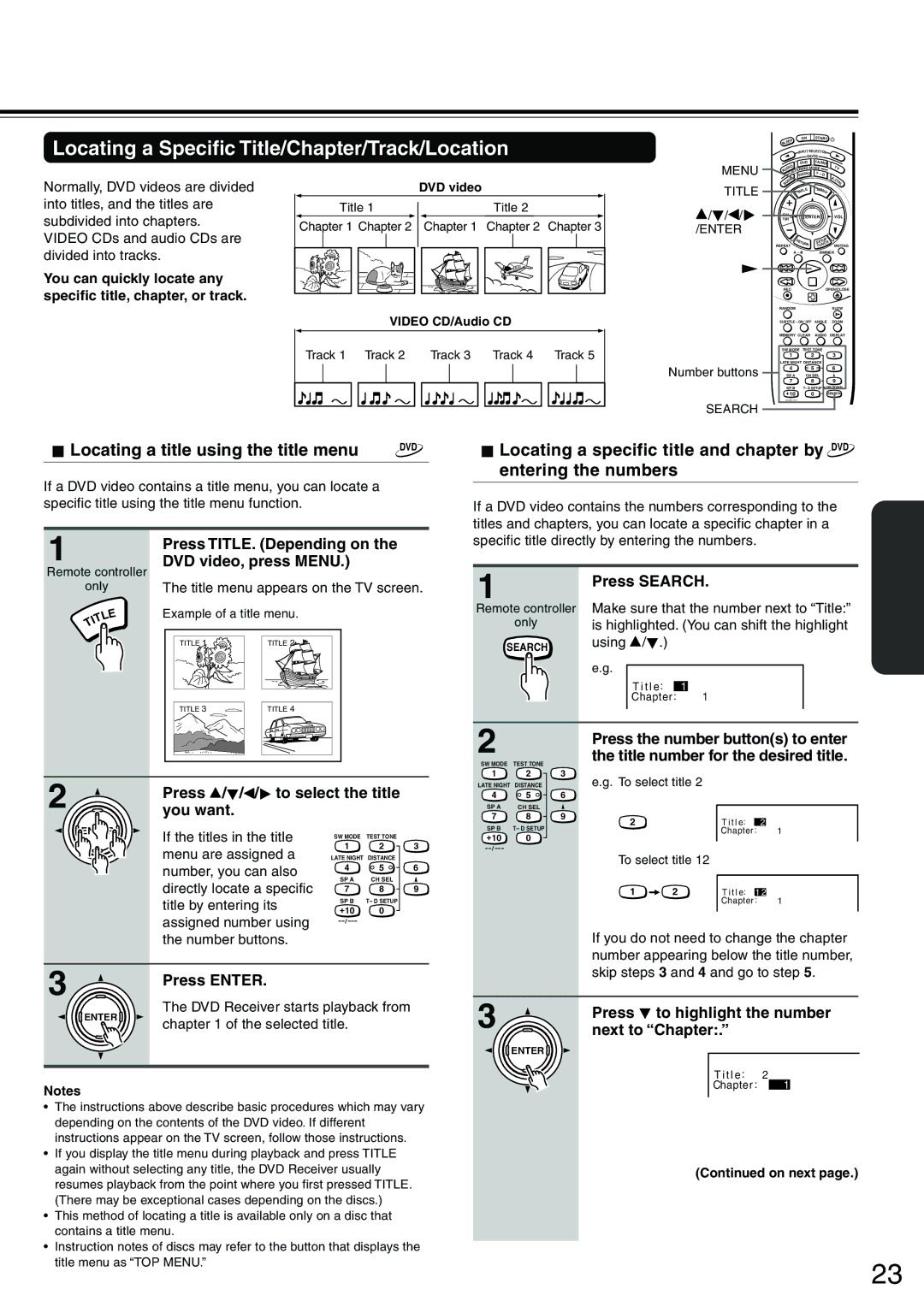 Onkyo DR-S2.0 instruction manual Locating a Specific Title/Chapter/Track/Location, Locating a title using the title menu 