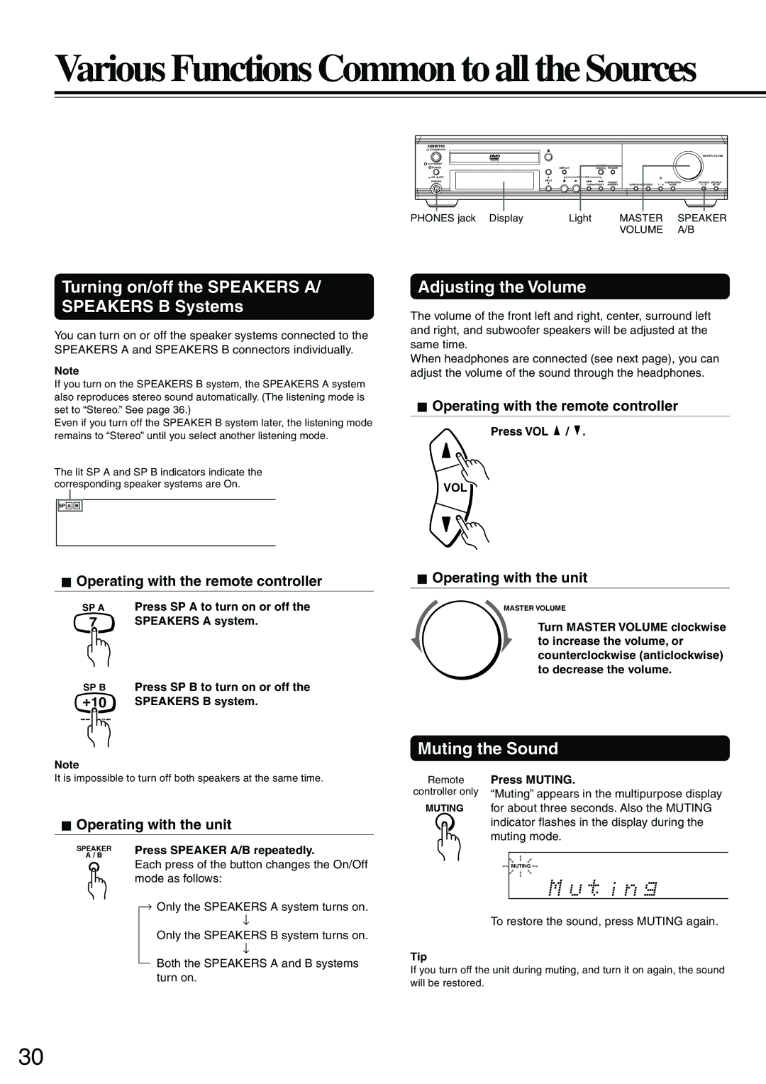 Onkyo DR-S2.0 instruction manual Turning on/off the Speakers A/ Speakers B Systems, Adjusting the Volume, Muting the Sound 