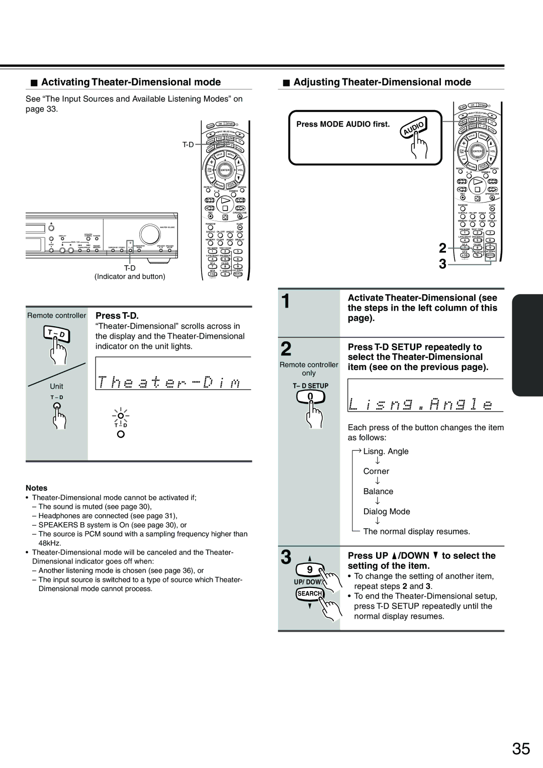 Onkyo DR-S2.0 instruction manual Activating Theater-Dimensional mode, Adjusting Theater-Dimensional mode 