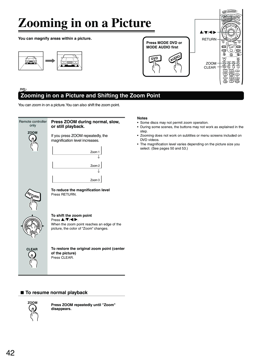 Onkyo DR-S2.0 Zooming in on a Picture and Shifting the Zoom Point, Press Zoom during normal, slow, or still playback 