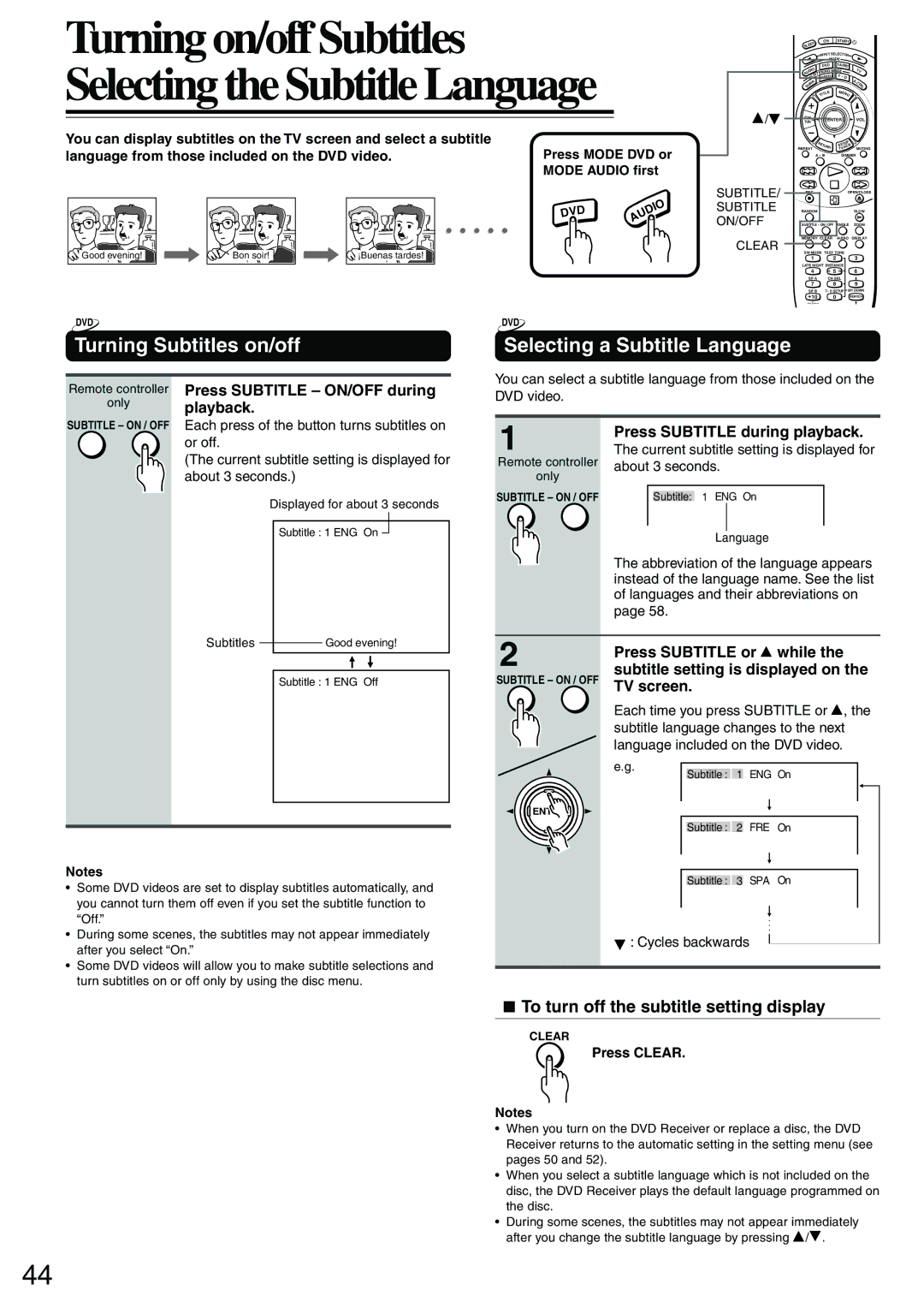 Onkyo DR-S2.0 Turning Subtitles on/off, Selecting a Subtitle Language, To turn off the subtitle setting display 