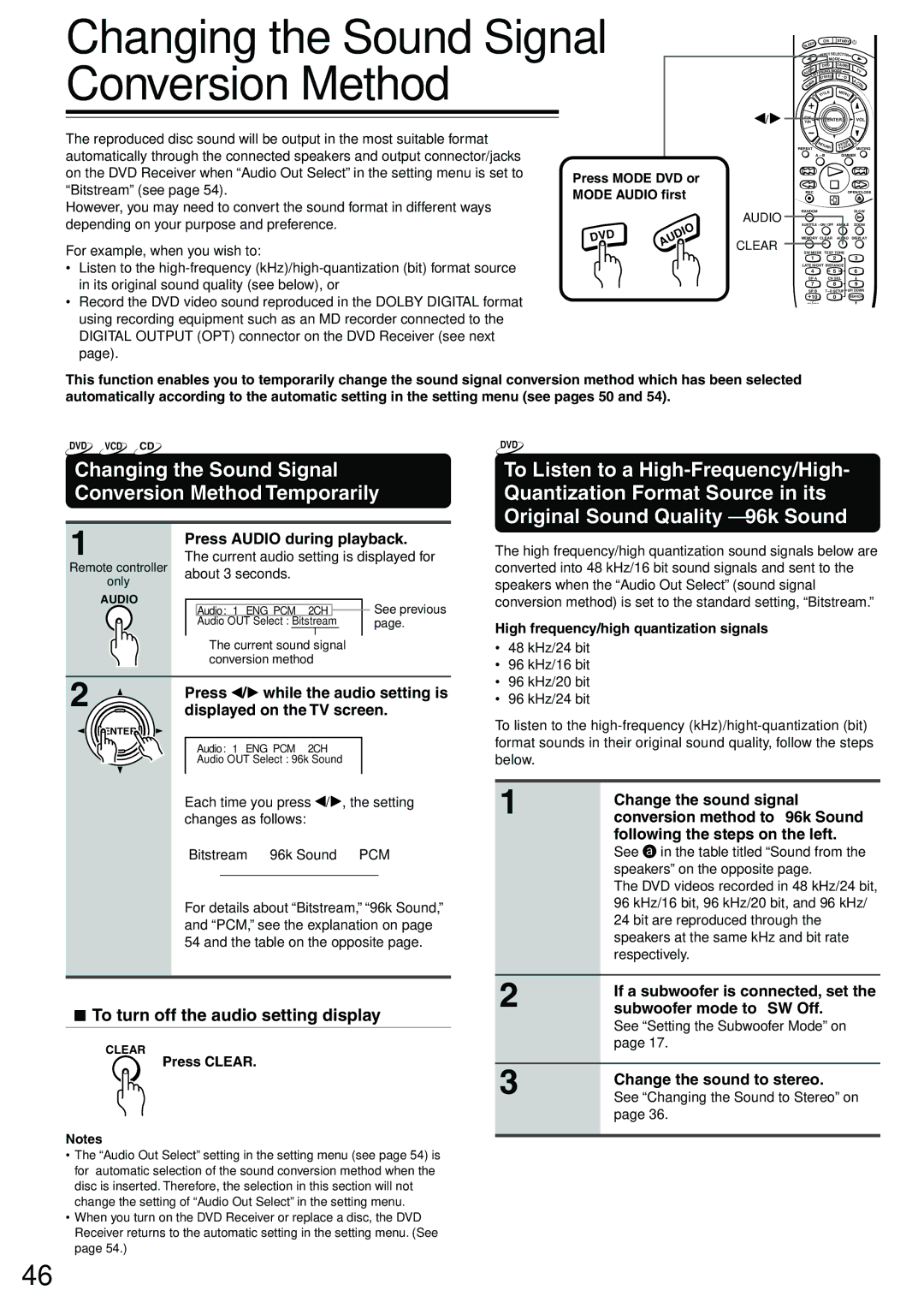 Onkyo DR-S2.0 instruction manual Changing the Sound Signal Conversion Method Temporarily 