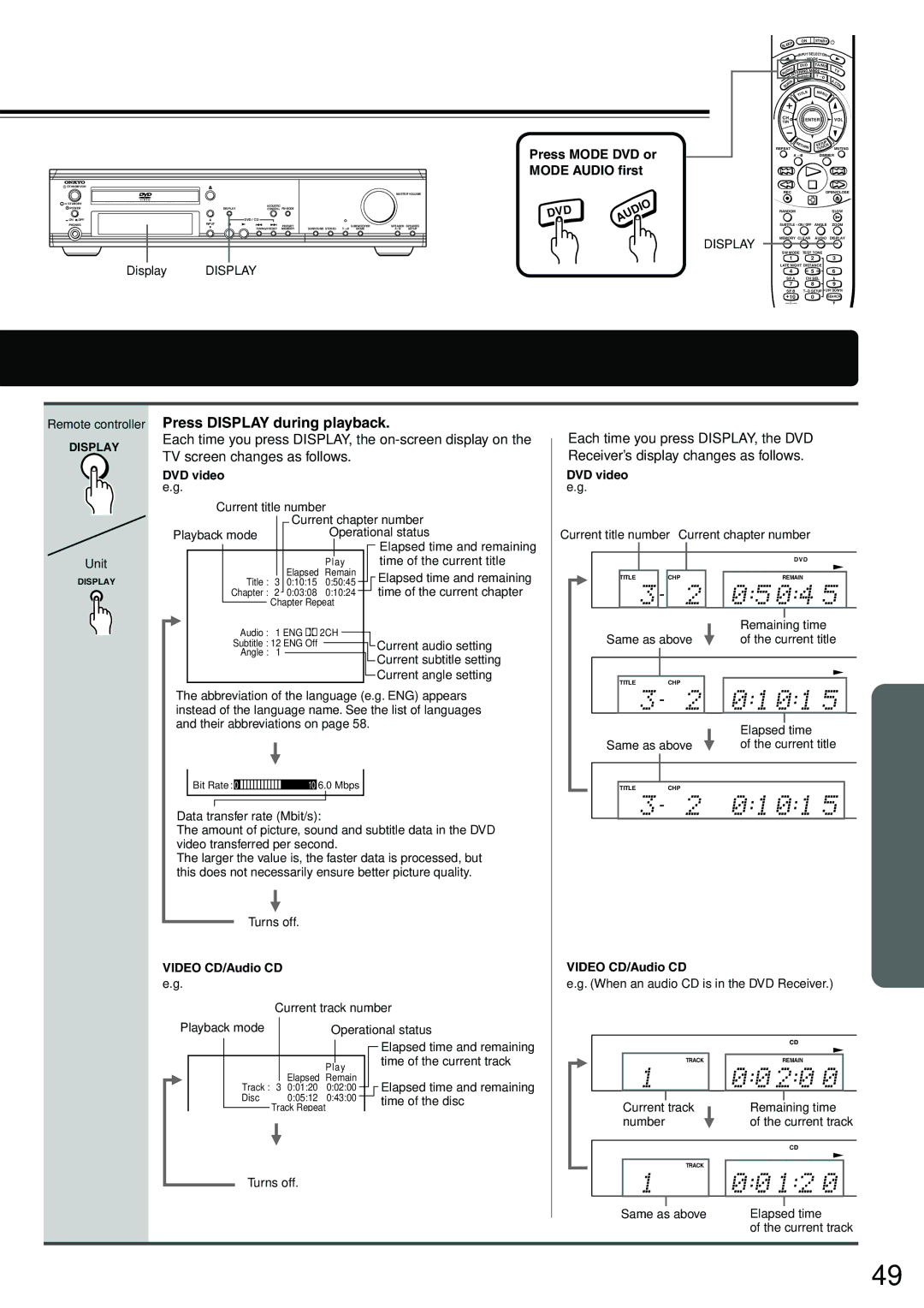 Onkyo DR-S2.0 instruction manual Press Display during playback, DVD video e.g 