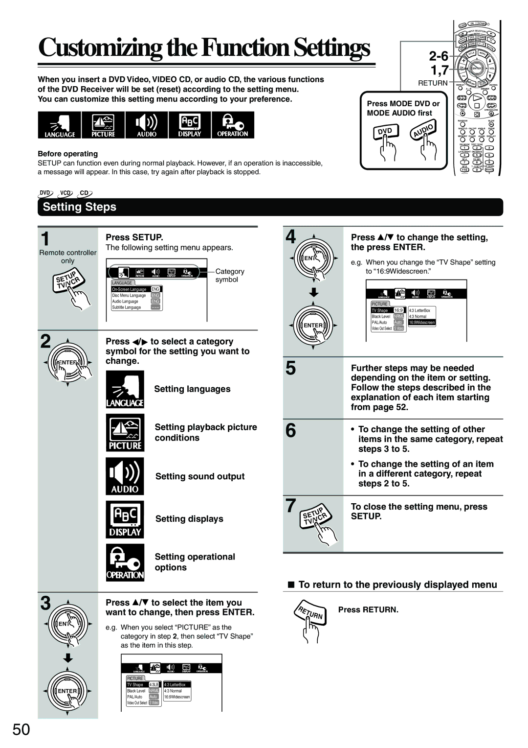 Onkyo DR-S2.0 instruction manual Setting Steps, To return to the previously displayed menu, Press Setup, Press Return 