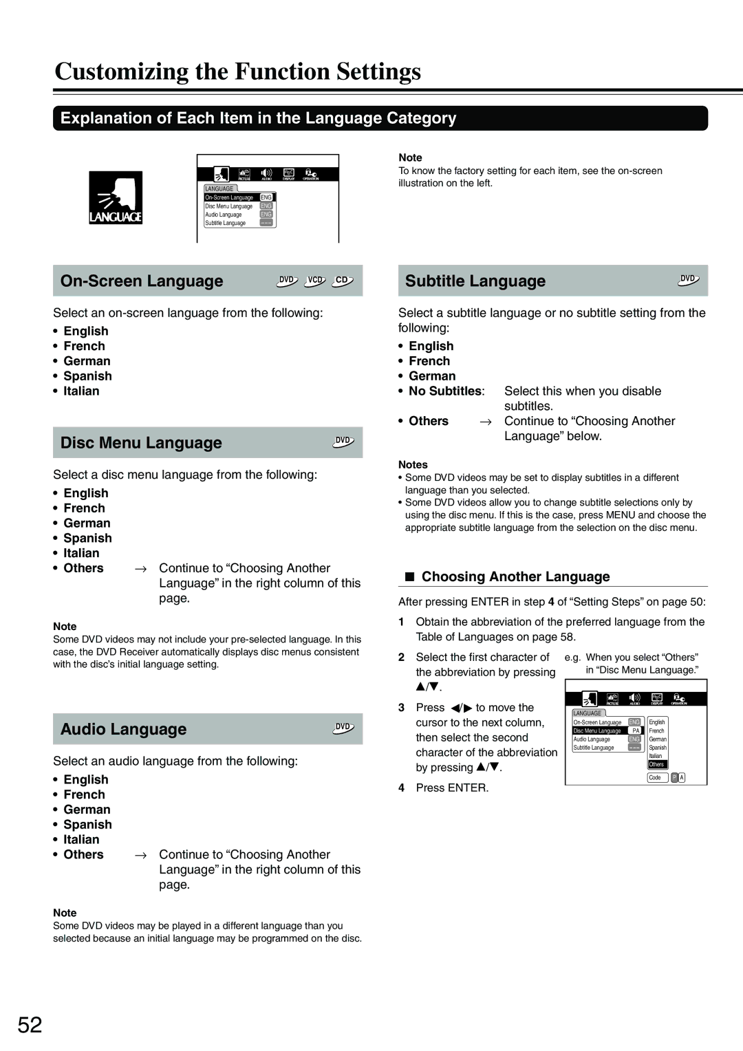 Onkyo DR-S2.0 instruction manual Customizing the Function Settings, Explanation of Each Item in the Language Category 