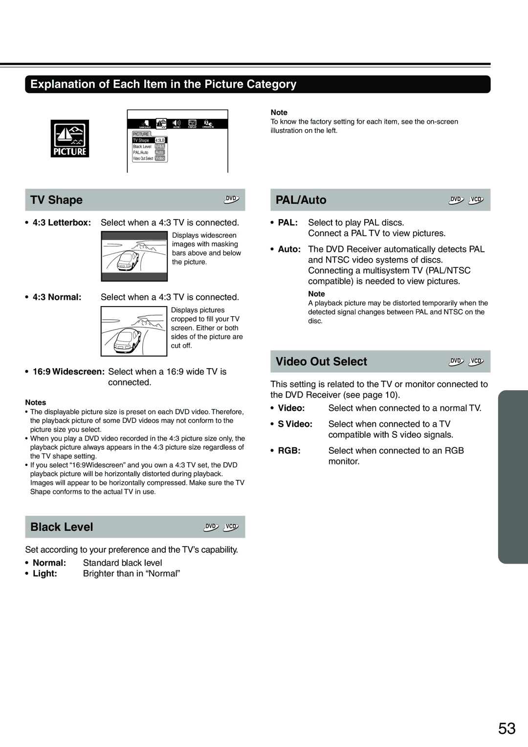 Onkyo DR-S2.0 instruction manual Explanation of Each Item in the Picture Category, TV Shape 