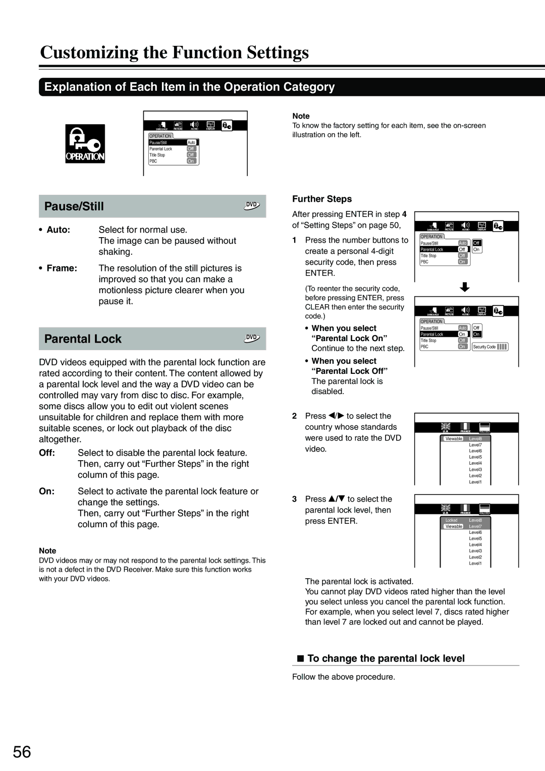 Onkyo DR-S2.0 Explanation of Each Item in the Operation Category, To change the parental lock level, Further Steps 