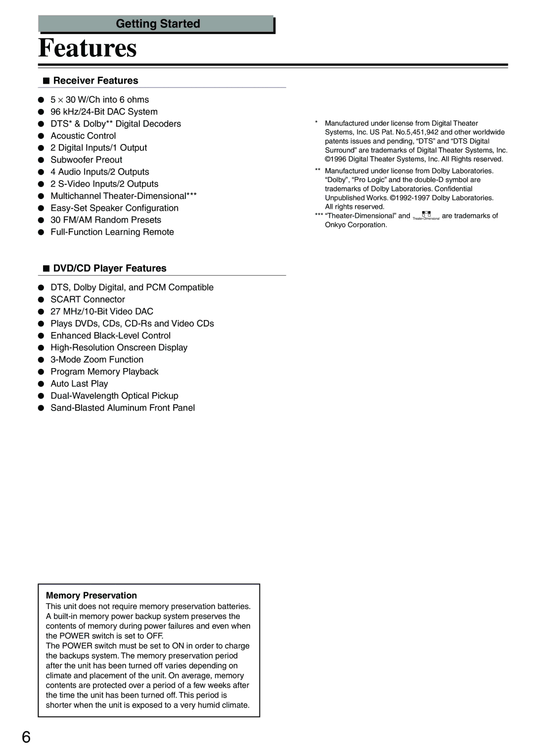 Onkyo DR-S2.0 instruction manual Receiver Features, DVD/CD Player Features, Memory Preservation 