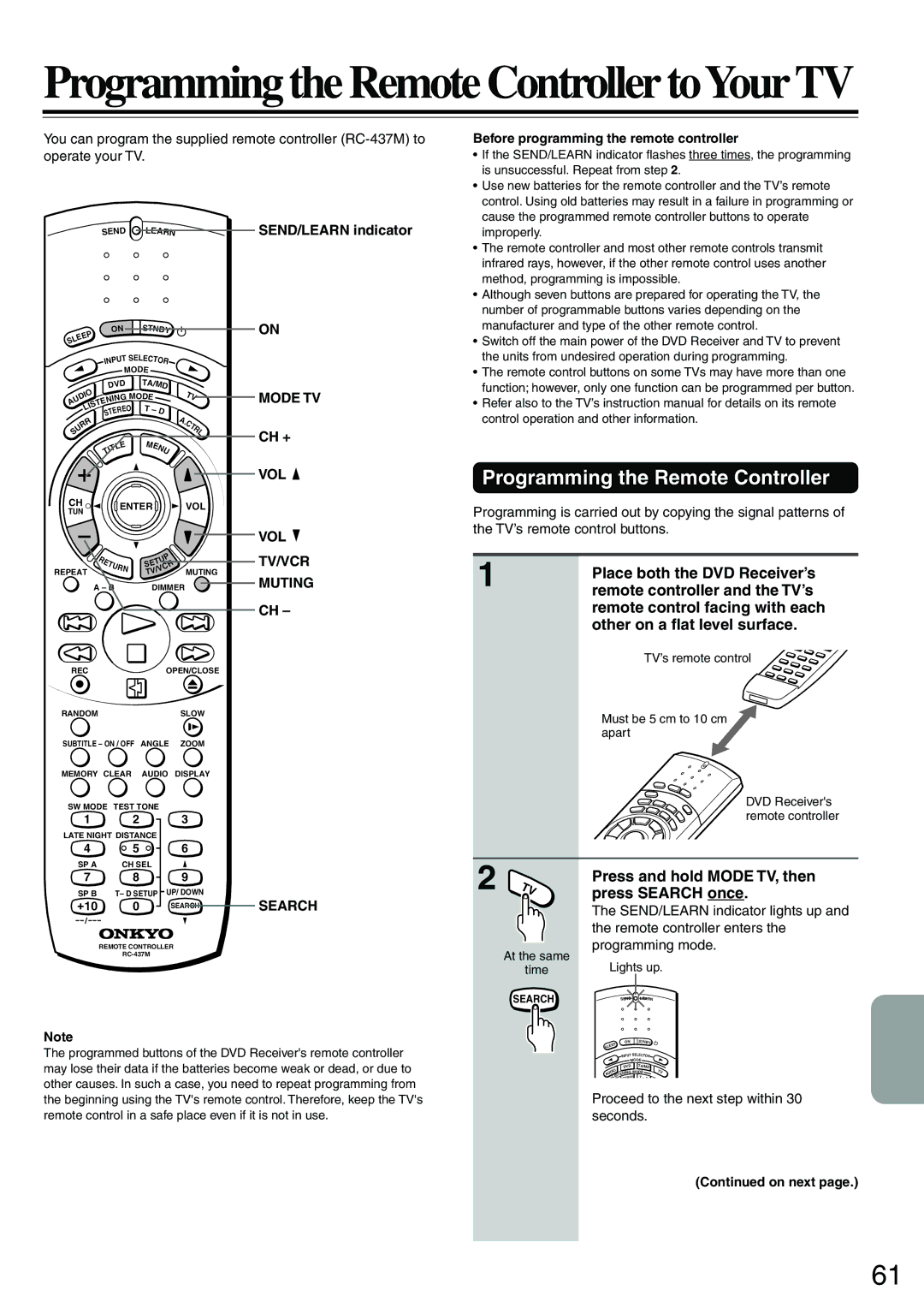 Onkyo DR-S2.0 Programming the Remote Controller, SEND/LEARN indicator, Ch +, Before programming the remote controller 