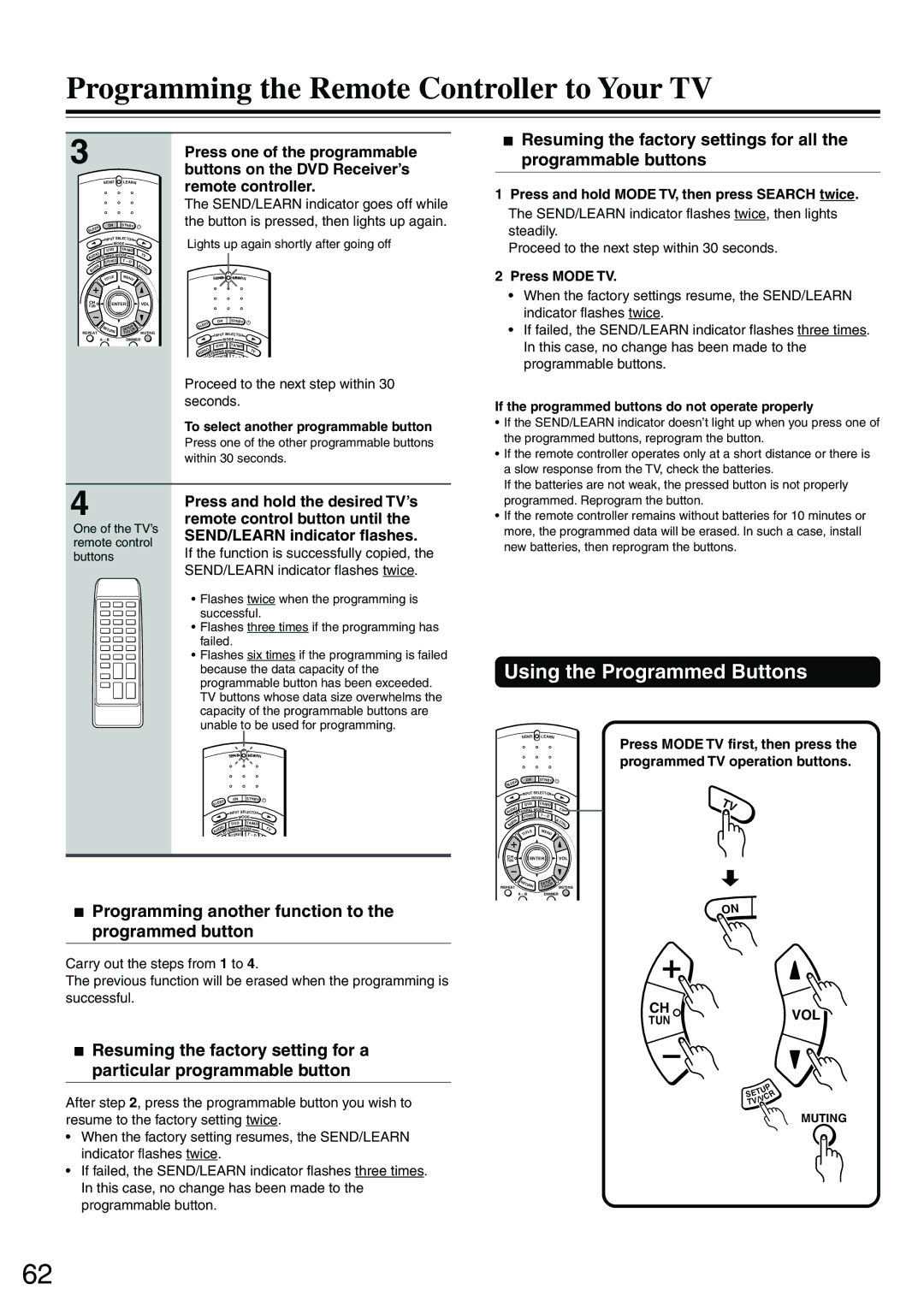 Onkyo DR-S2.0 instruction manual Programming the Remote Controller to Your TV, Using the Programmed Buttons, Press Mode TV 