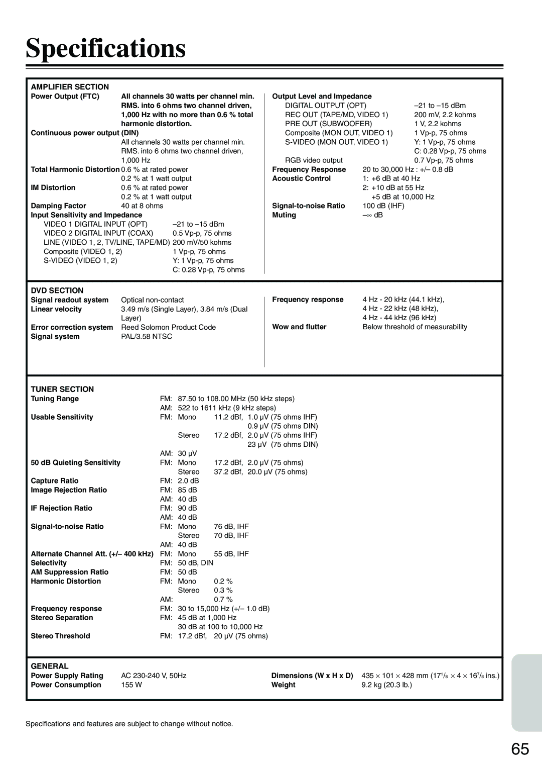 Onkyo DR-S2.0 instruction manual Specifications 