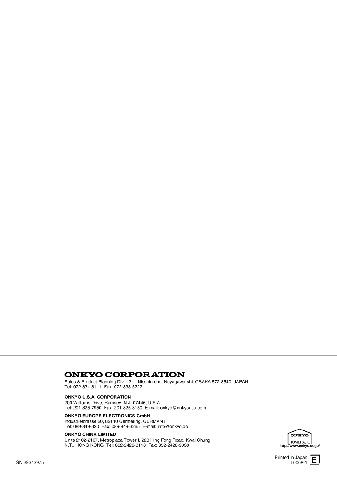 Onkyo DR-S2.0 instruction manual Onkyo Europe Electronics GmbH, T0008-1 