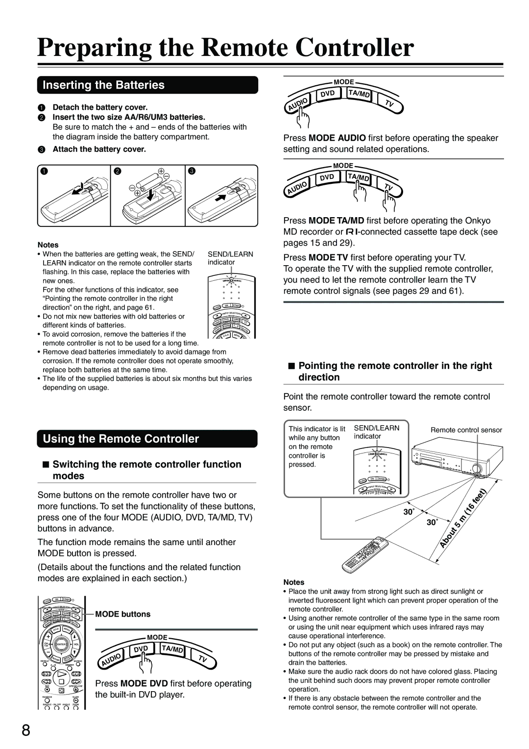 Onkyo DR-S2.0 instruction manual Preparing the Remote Controller, Inserting the Batteries, Using the Remote Controller 