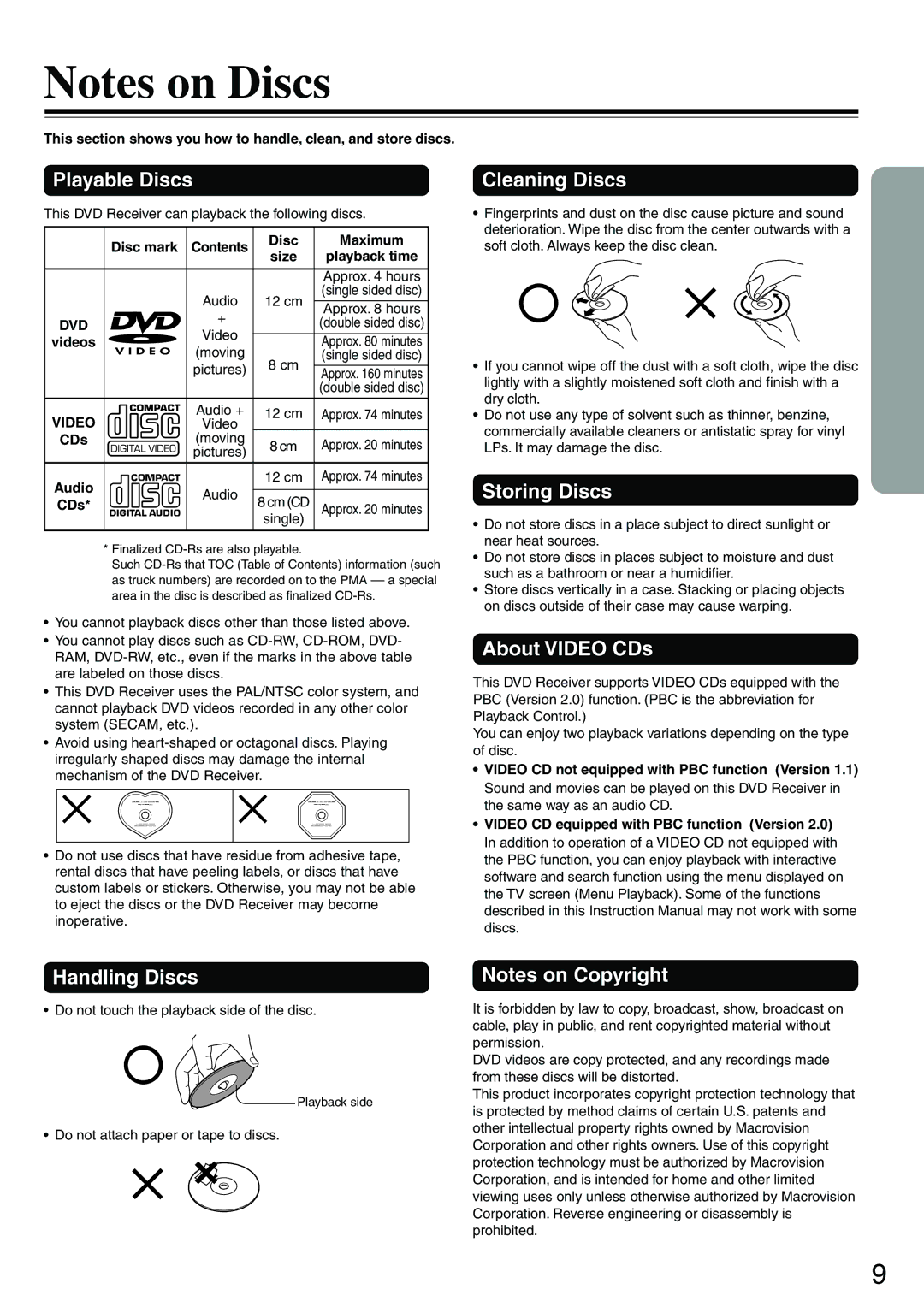 Onkyo DR-S2.0 instruction manual Playable Discs, Cleaning Discs, Storing Discs, About Video CDs, Handling Discs 