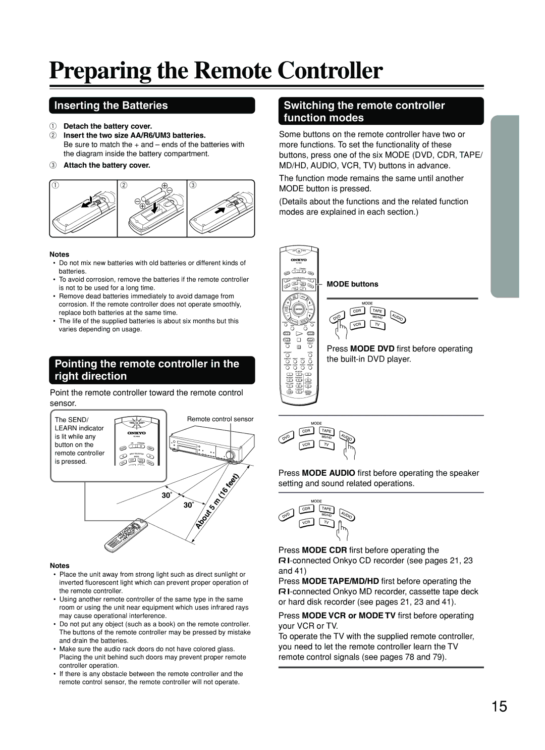 Onkyo DR-S2.2 Preparing the Remote Controller, Inserting the Batteries, Switching the remote controller function modes 