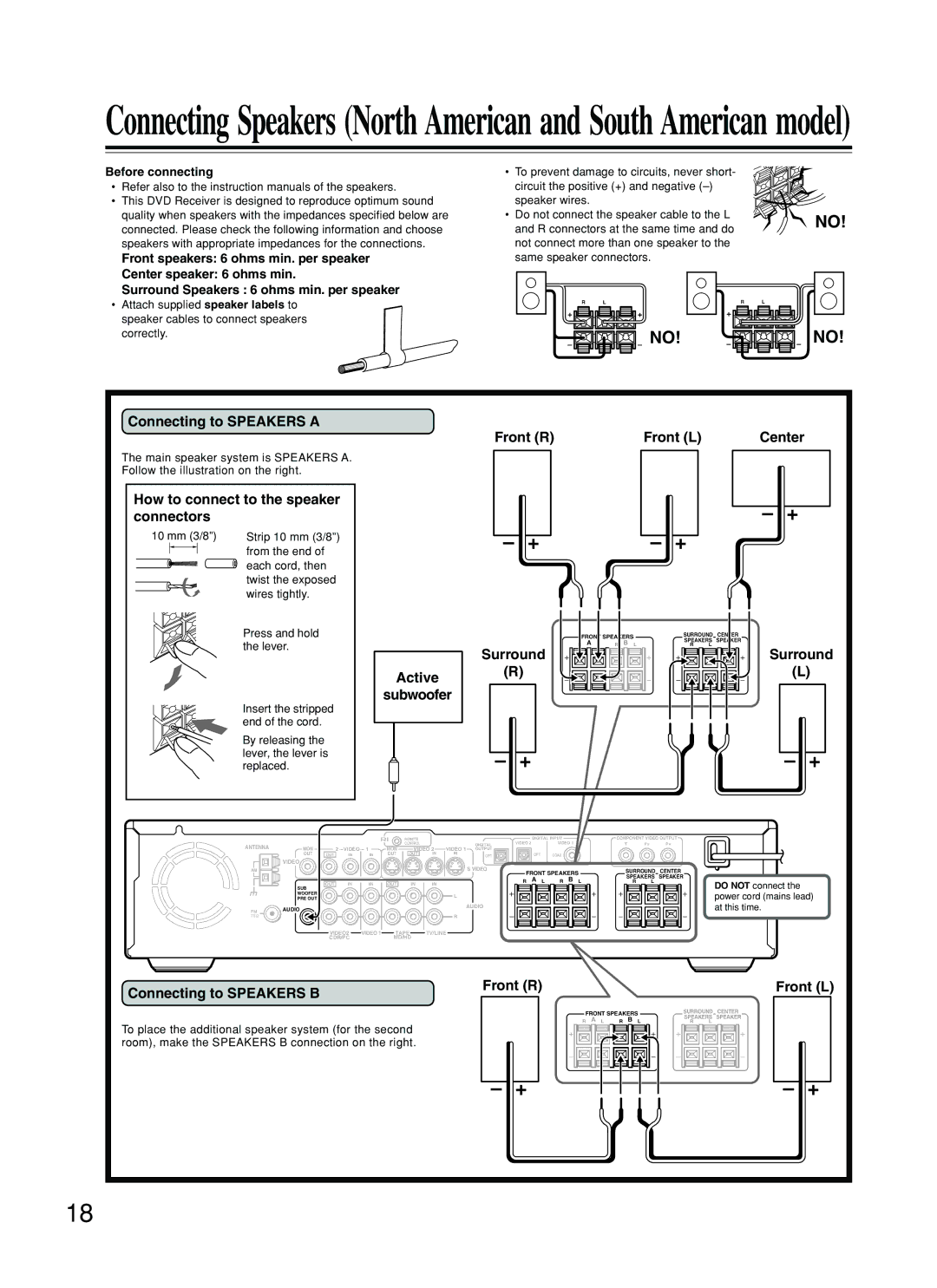 Onkyo DR-S2.2 Connecting to Speakers a, How to connect to the speaker connectors, Front R Front L Center, Active Subwoofer 