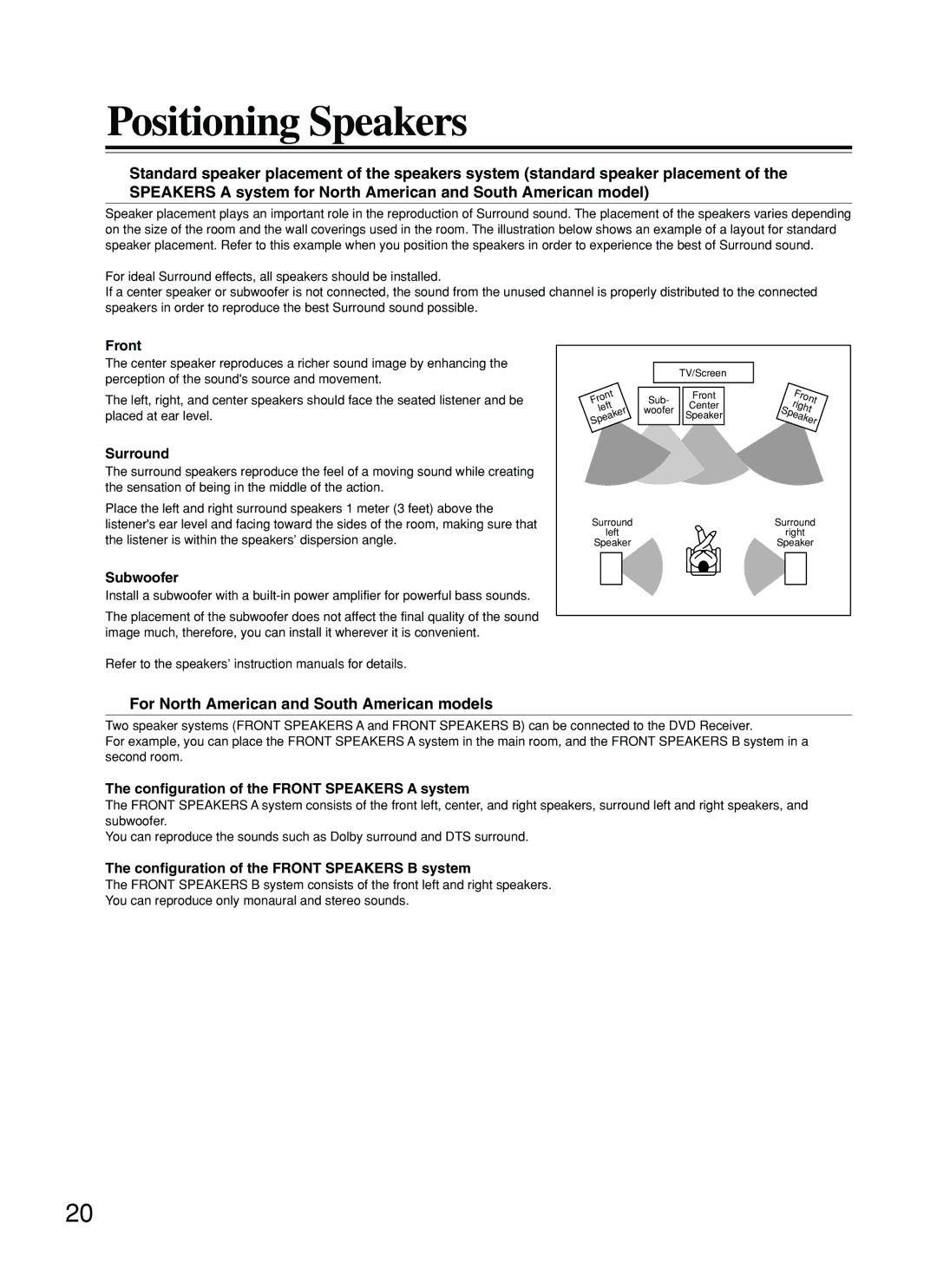 Onkyo DR-S2.2 instruction manual Positioning Speakers, For North American and South American models, Front 