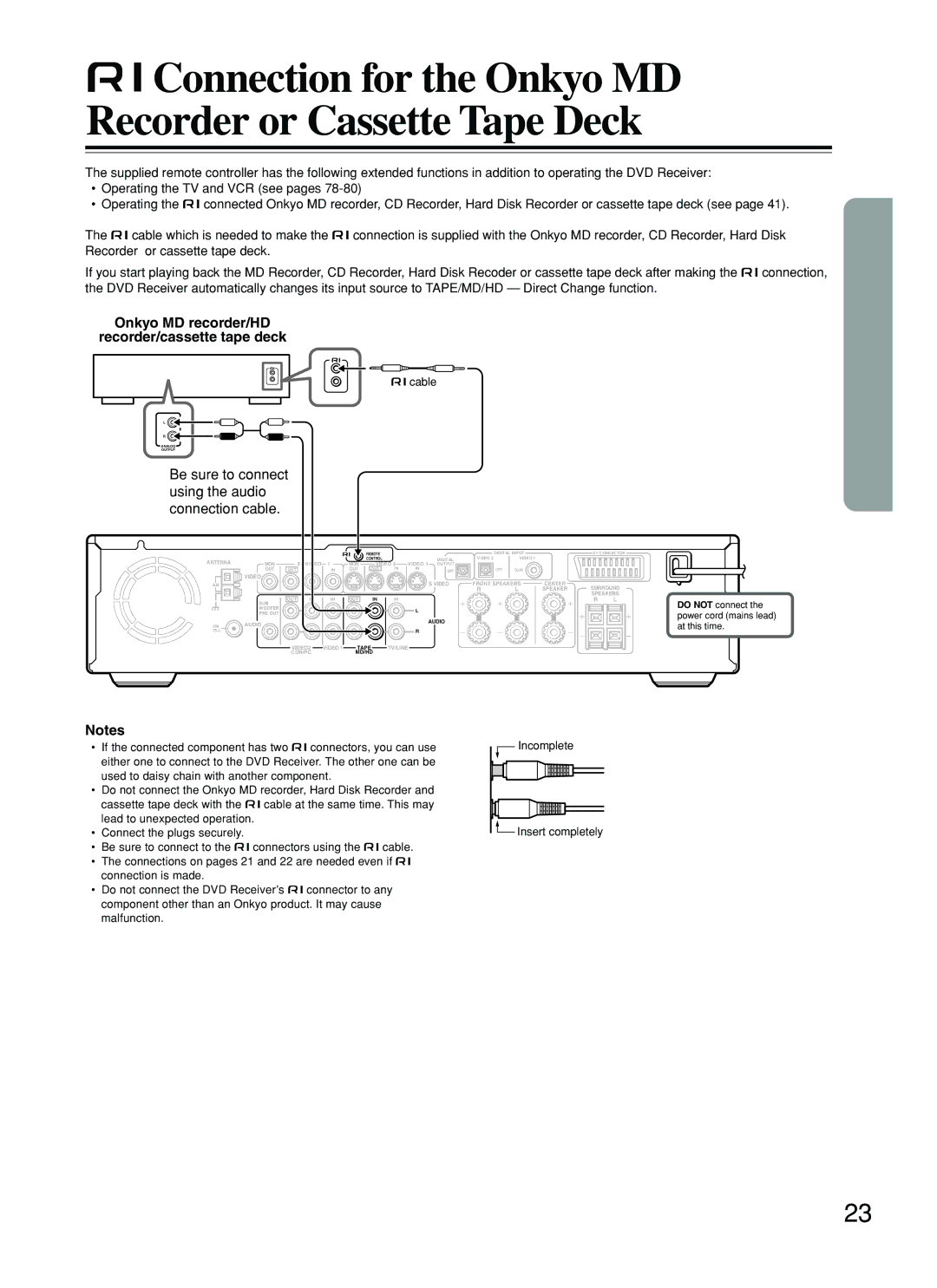 Onkyo DR-S2.2 Connection for the Onkyo MD Recorder or Cassette Tape Deck, Onkyo MD recorder/HD Recorder/cassette tape deck 