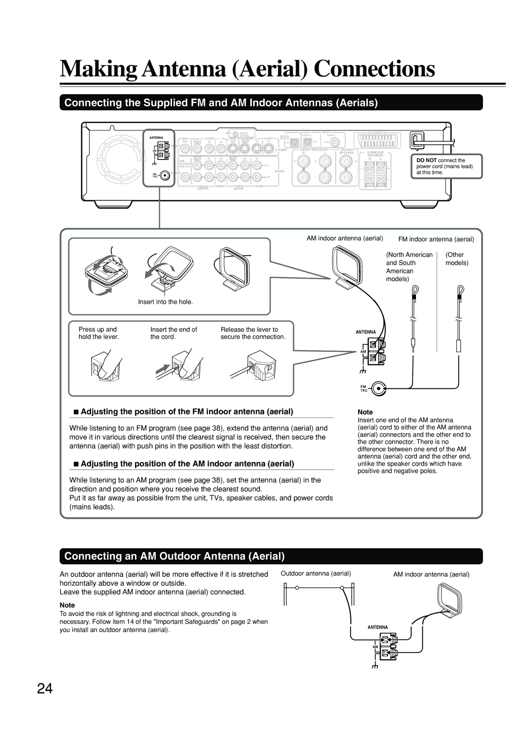 Onkyo DR-S2.2 Making Antenna Aerial Connections, Connecting the Supplied FM and AM Indoor Antennas Aerials 