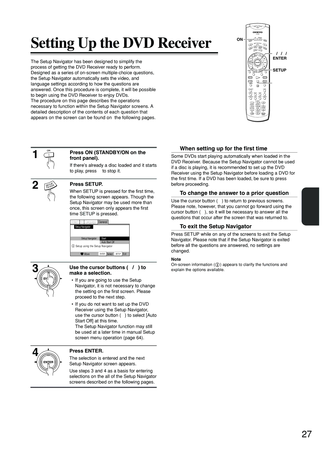 Onkyo DR-S2.2 instruction manual Setting Up the DVD Receiver, Using the Setup Navigator, When setting up for the first time 