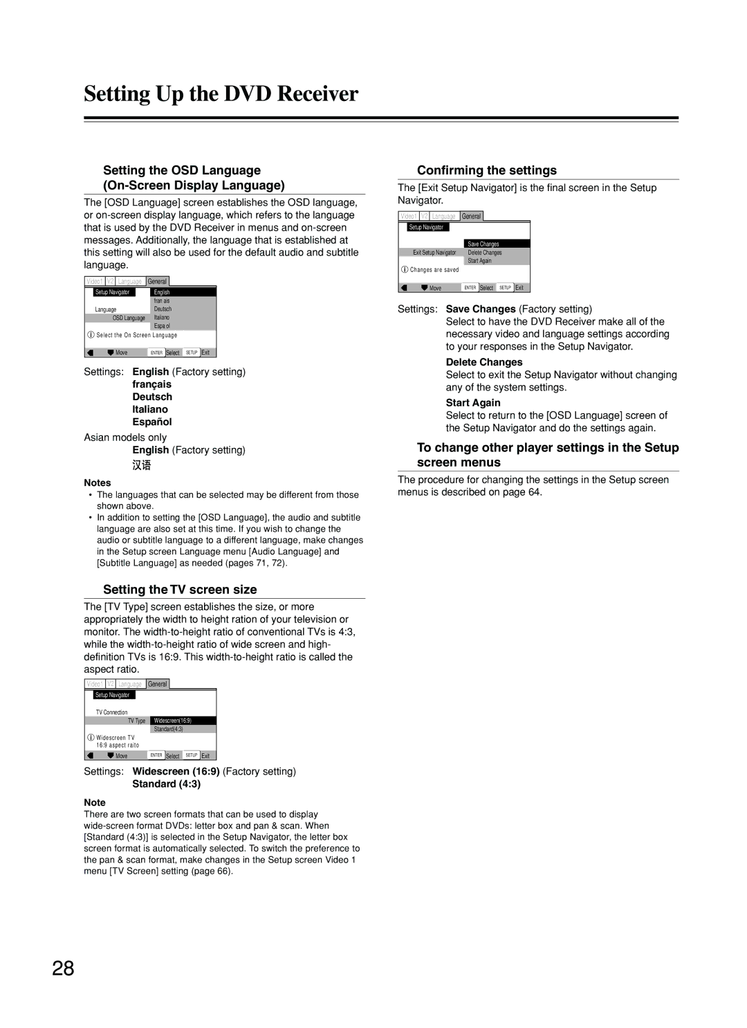 Onkyo DR-S2.2 Setting Up the DVD Receiver, Setting the OSD Language On-Screen Display Language, Setting the TV screen size 