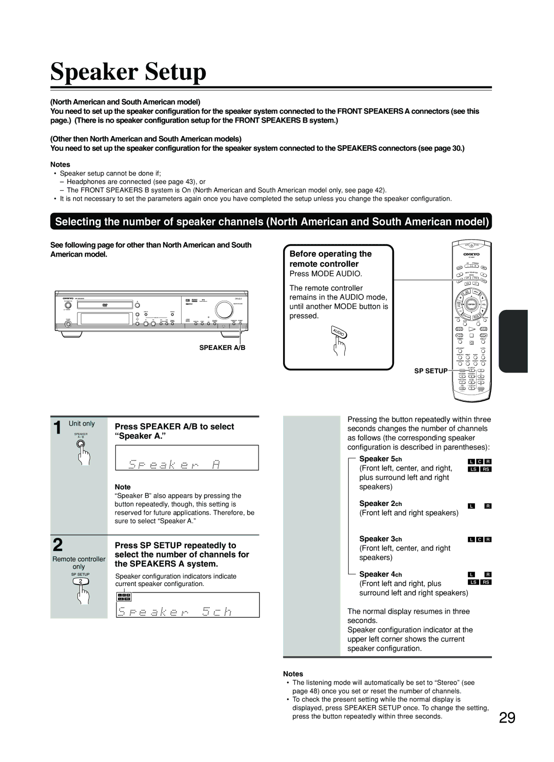 Onkyo DR-S2.2 instruction manual Speaker Setup 