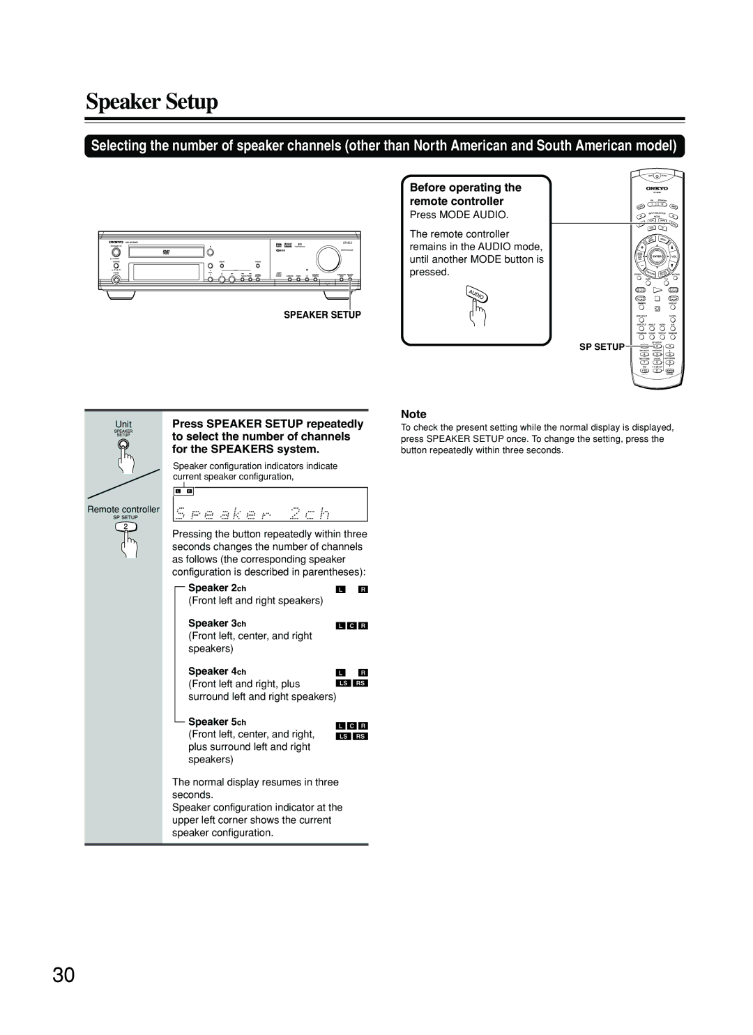 Onkyo DR-S2.2 Speaker Setup, Before operating the remote controller, → Speaker 2ch, Speaker 3ch, Speaker 5ch 