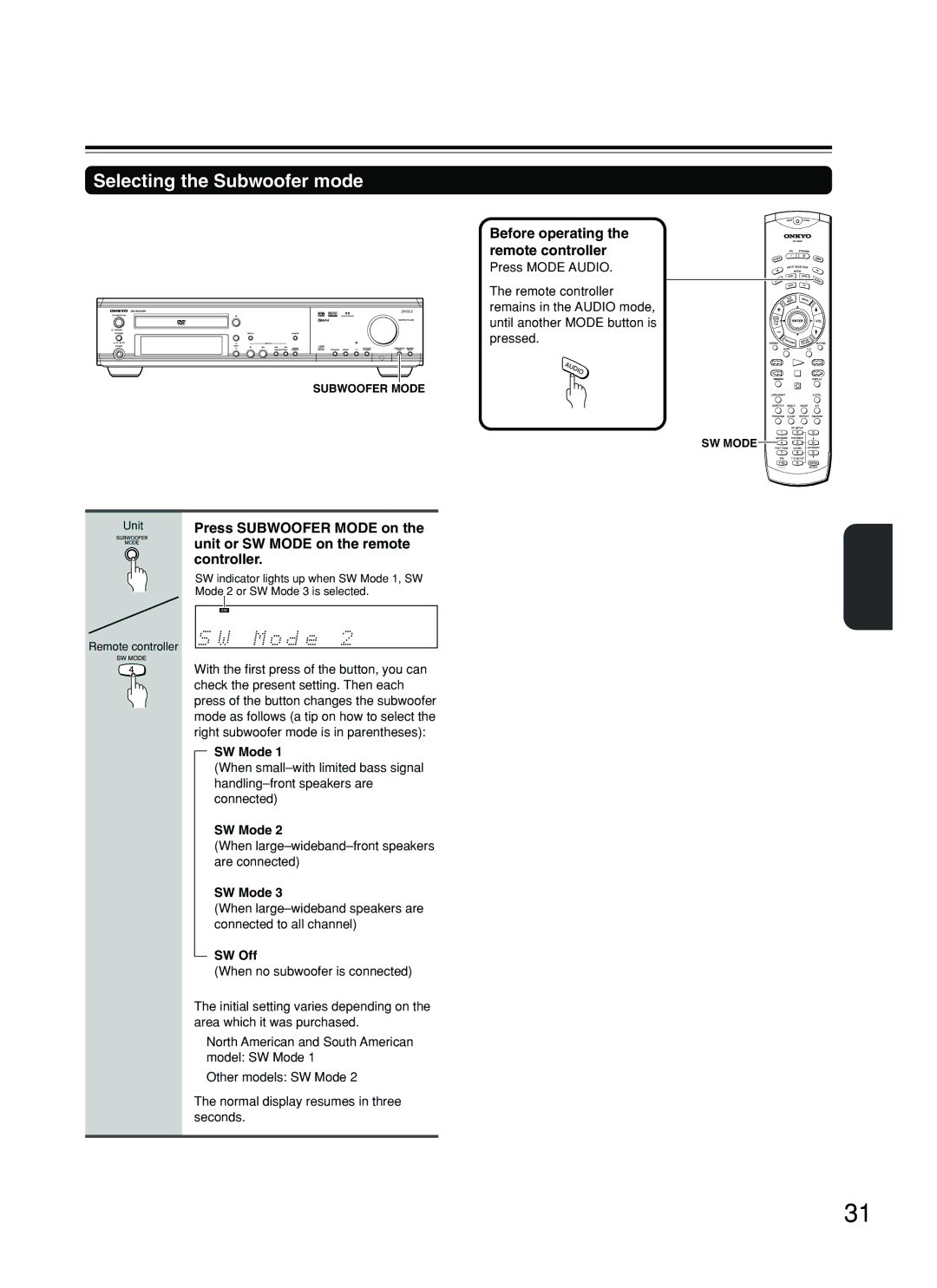 Onkyo DR-S2.2 instruction manual Selecting the Subwoofer mode, SW Mode 