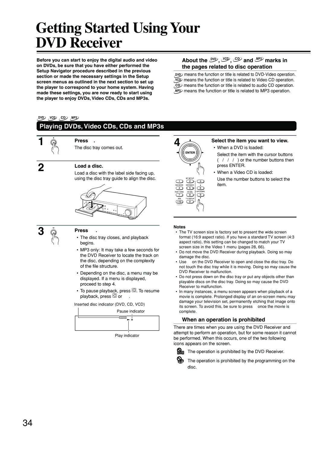 Onkyo DR-S2.2 instruction manual Getting Started Using Your DVD Receiver, Playing DVDs, Video CDs, CDs and MP3s 