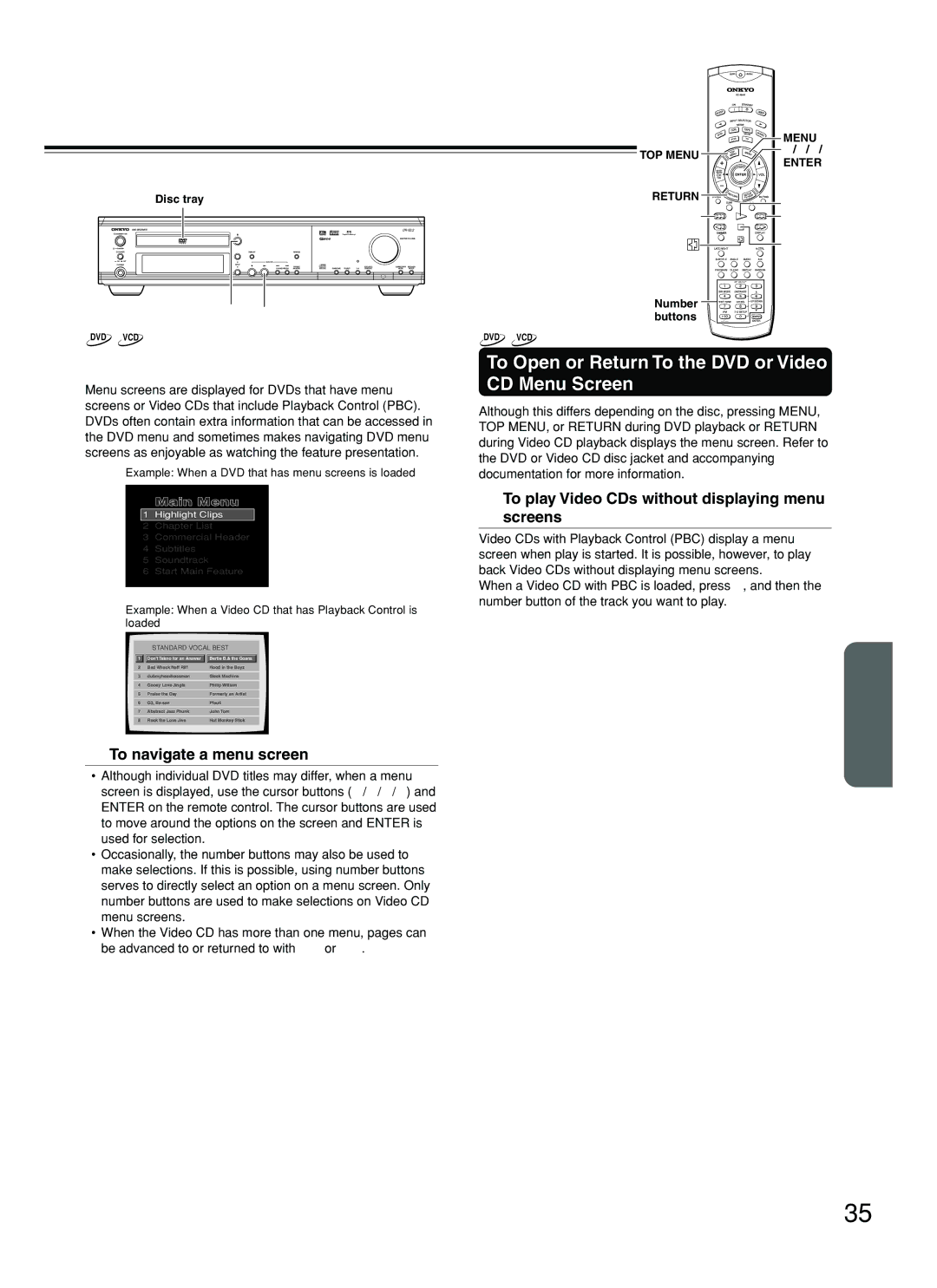 Onkyo DR-S2.2 instruction manual When a Menu Screen is Displayed, To Open or Return To the DVD or Video CD Menu Screen 