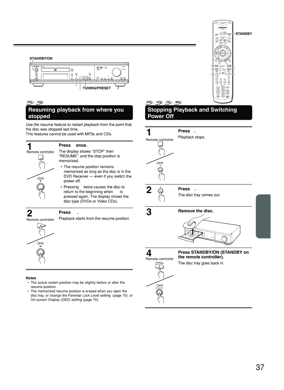 Onkyo DR-S2.2 Resuming playback from where you stopped, Stopping Playback and Switching Power Off, Press 7 once 