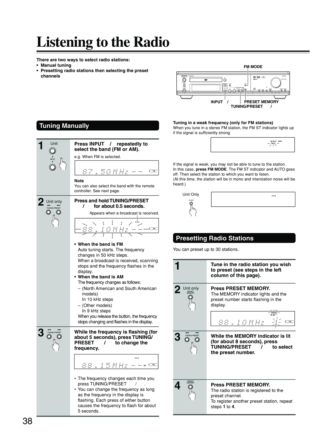 Onkyo DR-S2.2 instruction manual Listening to the Radio, Tuning Manually, Presetting Radio Stations 