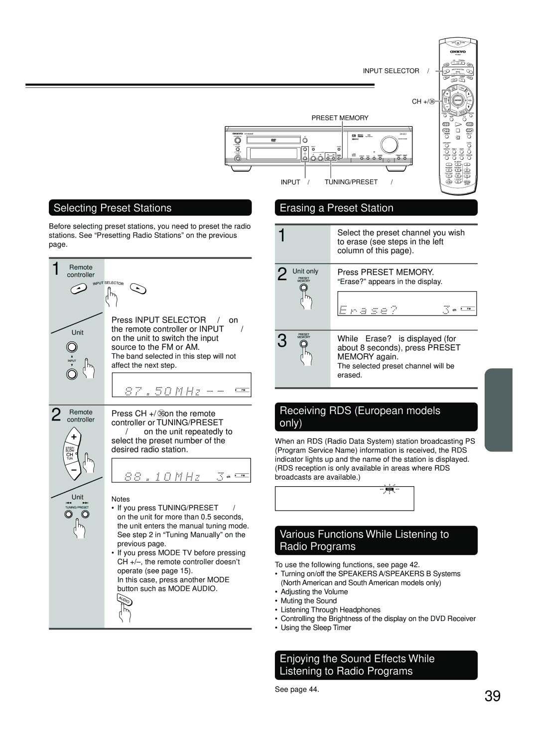 Onkyo DR-S2.2 instruction manual Selecting Preset Stations, Erasing a Preset Station, Receiving RDS European models only 