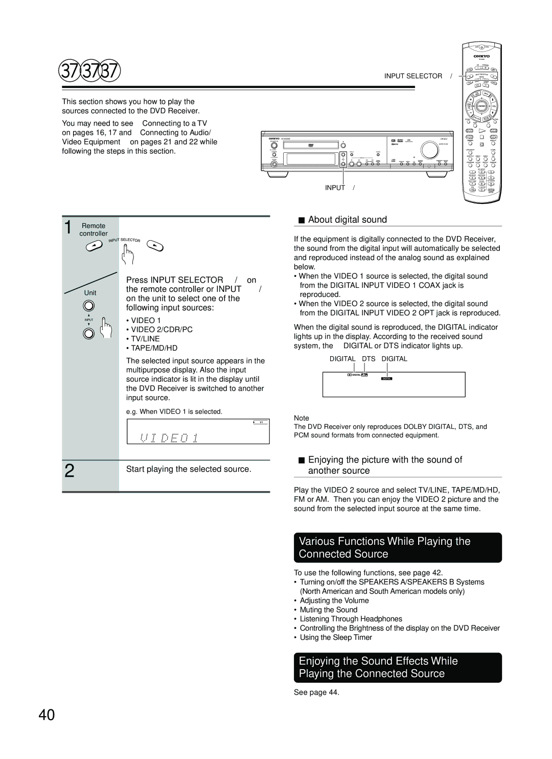 Onkyo DR-S2.2 instruction manual Various Functions While Playing the Connected Source, About digital sound 