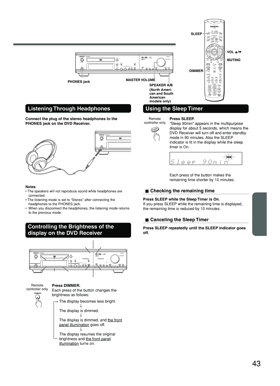 Onkyo DR-S2.2 Listening Through Headphones, Using the Sleep Timer, Checking the remaining time, Canceling the Sleep Timer 