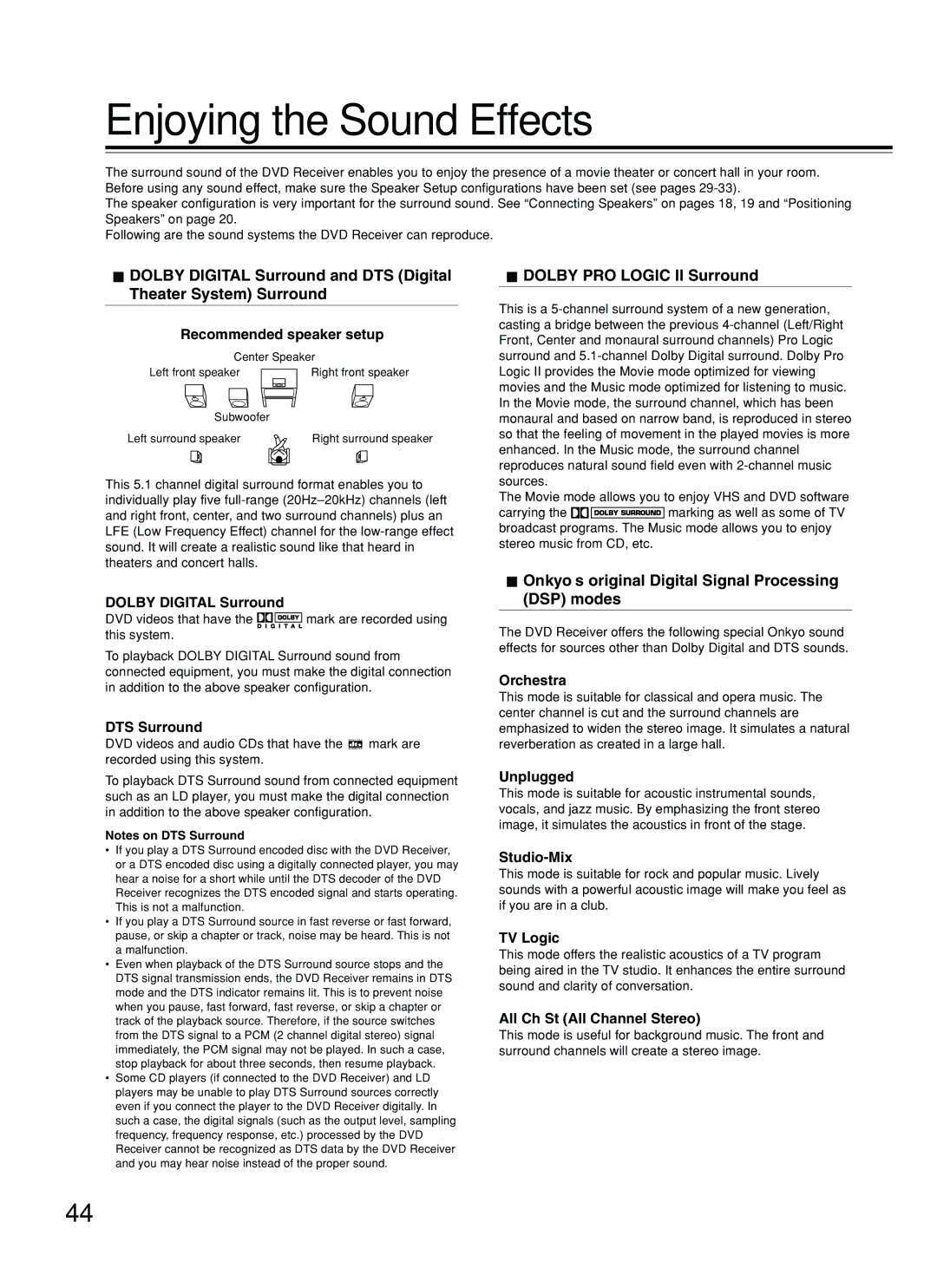 Onkyo DR-S2.2 instruction manual Enjoying the Sound Effects, Dolby PRO Logic II Surround 