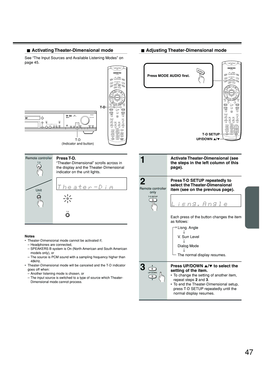 Onkyo DR-S2.2 instruction manual Activating Theater-Dimensional mode, Adjusting Theater-Dimensional mode 