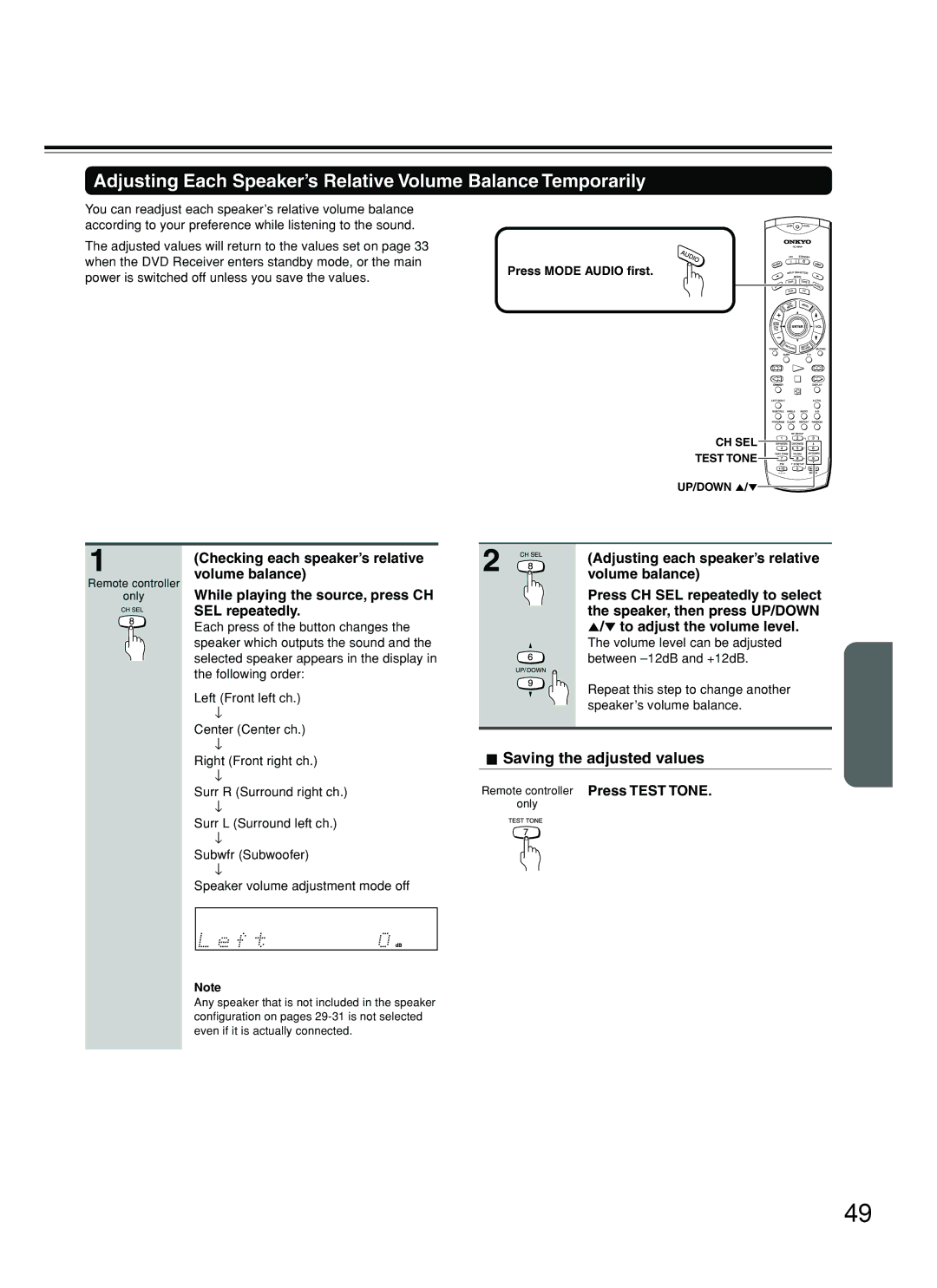 Onkyo DR-S2.2 instruction manual Saving the adjusted values, Adjusting each speaker’s relative, Volume balance 