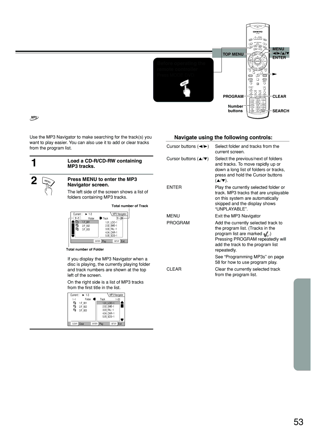 Onkyo DR-S2.2 instruction manual Using the MP3 Navigator, Navigate using the following controls 