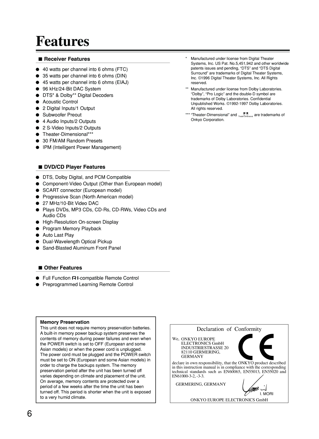 Onkyo DR-S2.2 instruction manual Receiver Features, DVD/CD Player Features, Other Features, Memory Preservation 