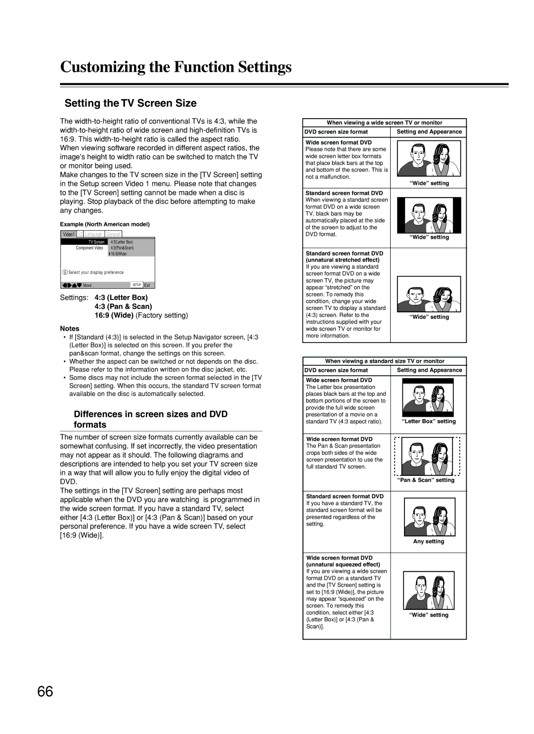 Onkyo DR-S2.2 Customizing the Function Settings, Setting the TV Screen Size, Differences in screen sizes and DVD formats 