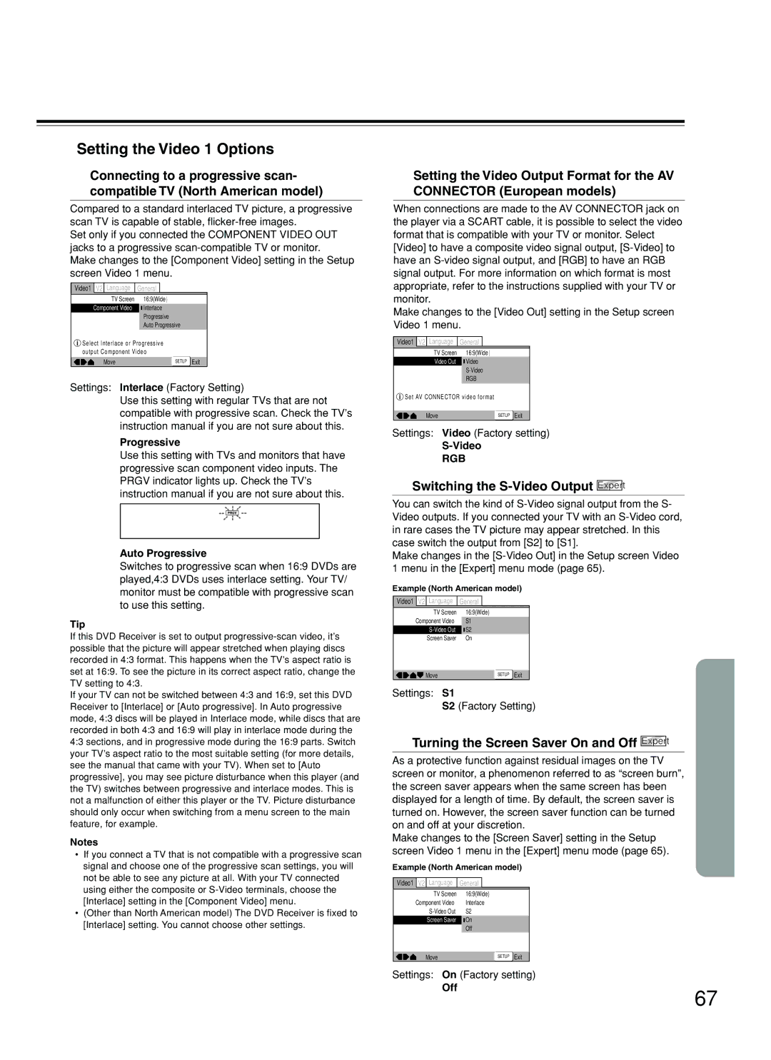 Onkyo DR-S2.2 Setting the Video 1 Options, Switching the S-Video Output Expert, Turning the Screen Saver On and Off Expert 