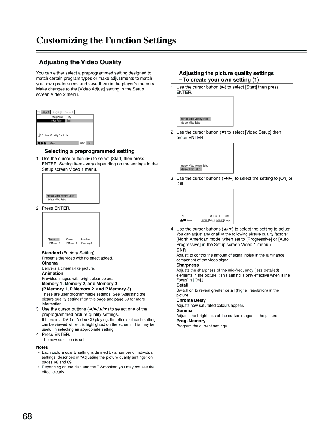 Onkyo DR-S2.2 instruction manual Adjusting the Video Quality, Selecting a preprogrammed setting 