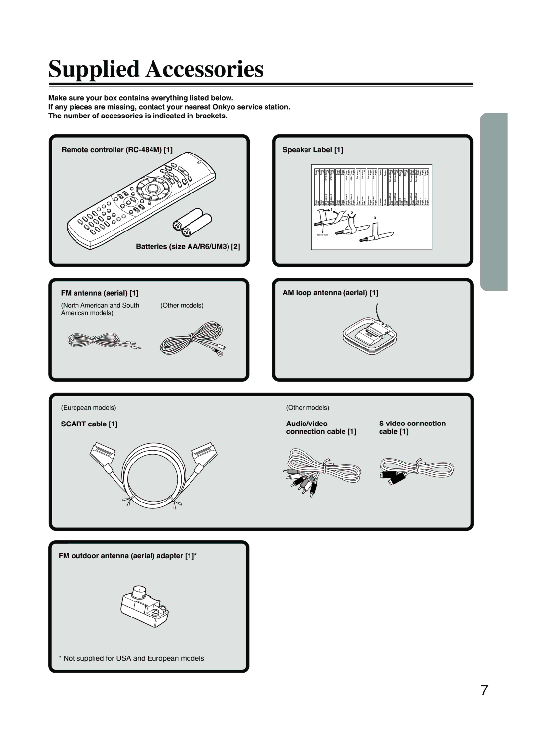 Onkyo DR-S2.2 instruction manual Supplied Accessories, FM antenna aerial, AM loop antenna aerial, Scart cable 