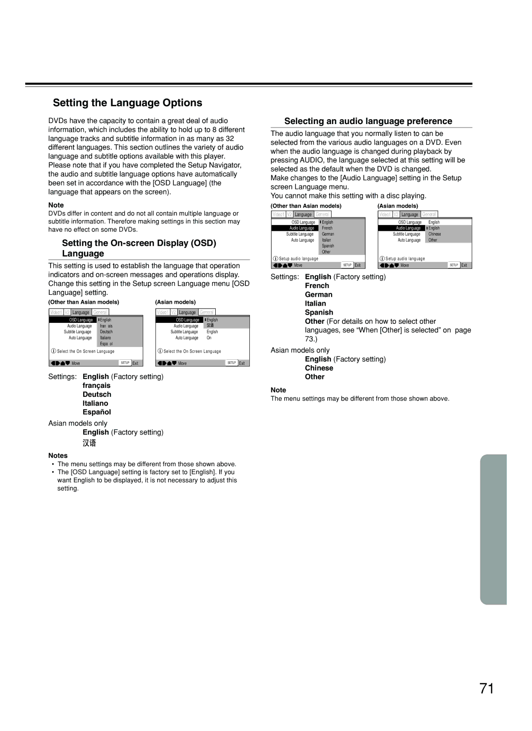 Onkyo DR-S2.2 instruction manual Setting the Language Options, Selecting an audio language preference 