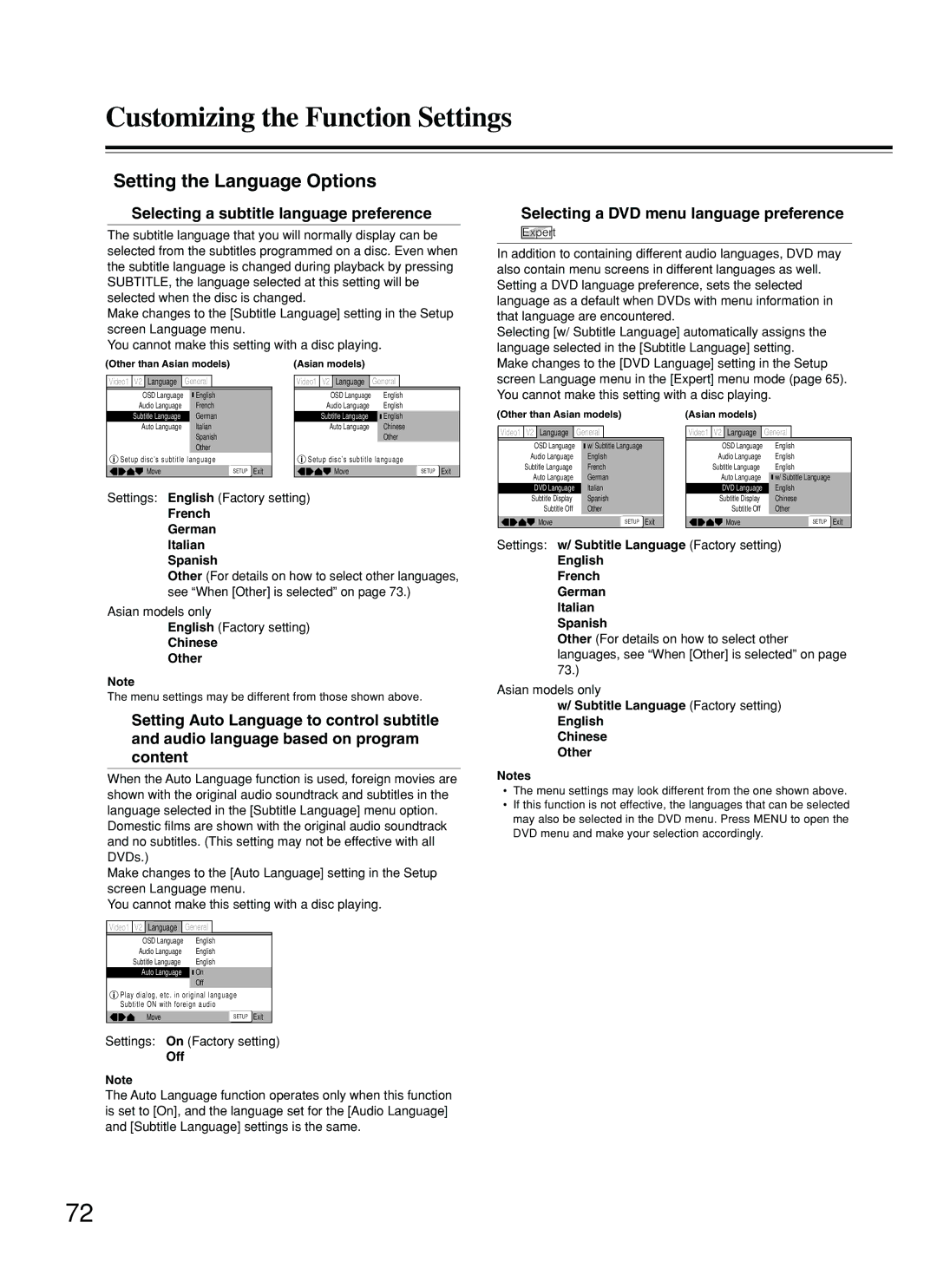 Onkyo DR-S2.2 Selecting a subtitle language preference, Selecting a DVD menu language preference, Chinese Other 