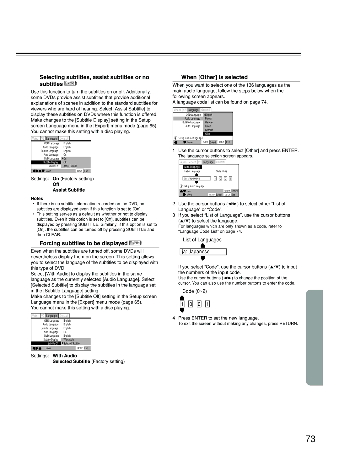 Onkyo DR-S2.2 instruction manual Forcing subtitles to be displayed Expert, When Other is selected, Off Assist Subtitle 